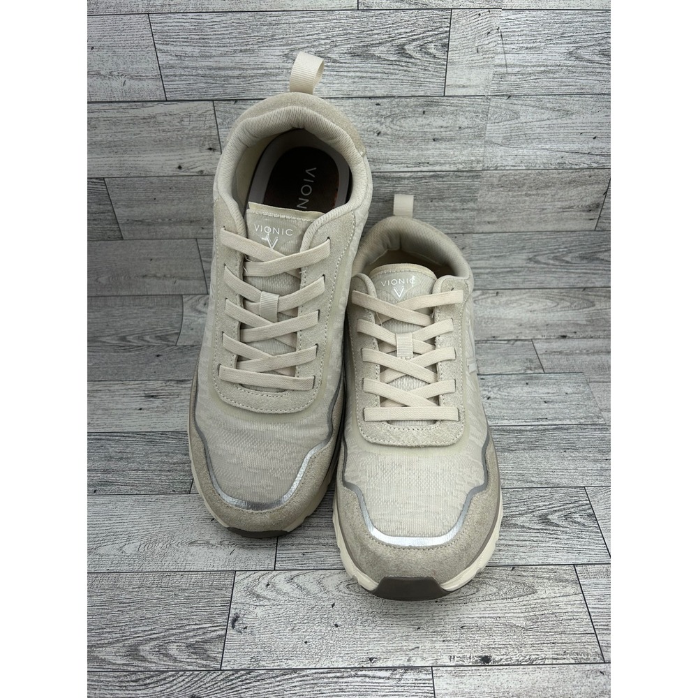 Vionic Presley Women Sz 10 Cream Silver Suede Orthotic Walking Sneakers Trainers